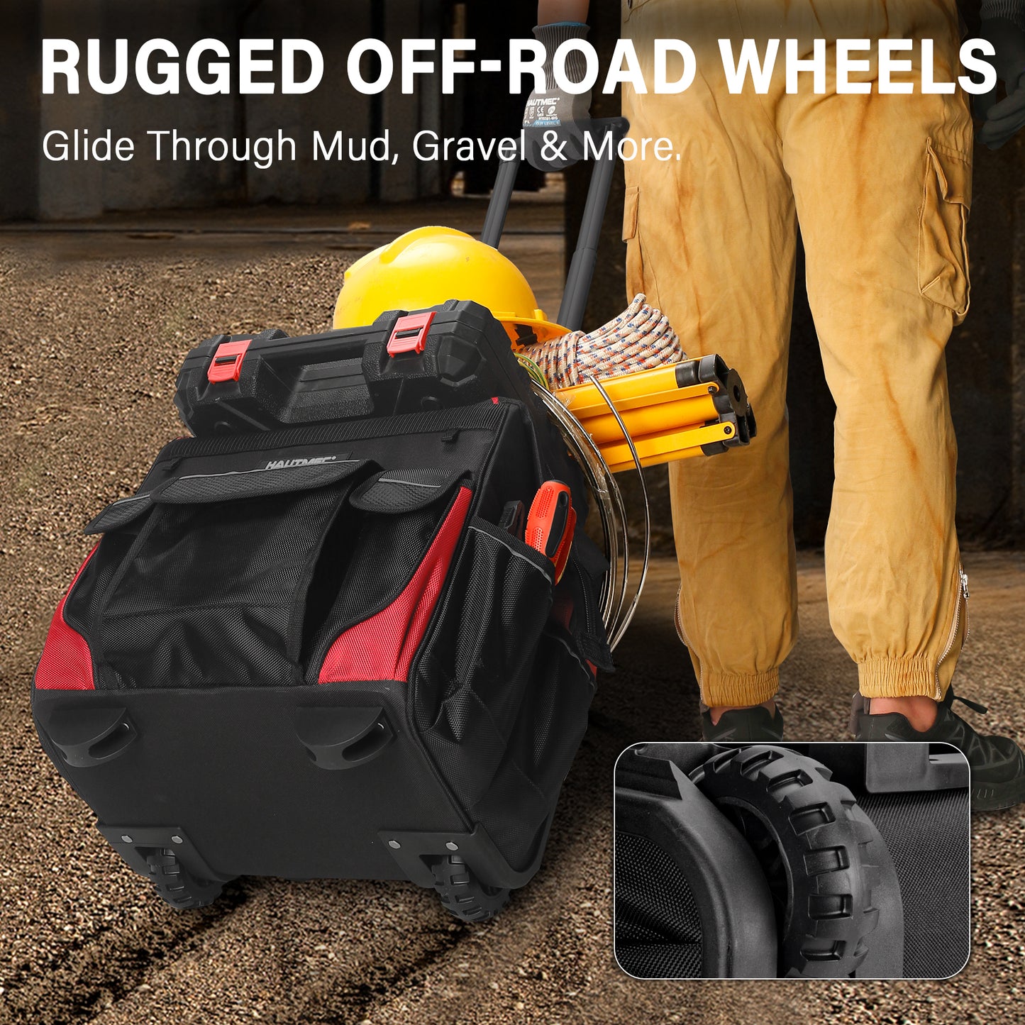 HAUTMEC 14.5" Rolling Tool Bag with Wheels, 25-Pocket Portable Tool Box Organizer with 600D Water-Resistant Fabric, Wide-Mouth Design, Oversized Wheels & Telescoping Handle - HT0179