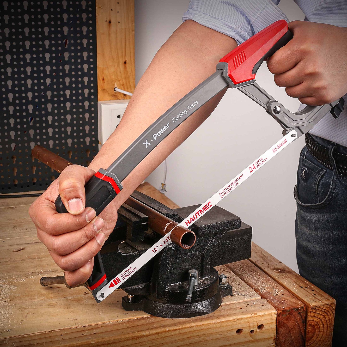 HAUTMEC 12 Inch X-Power High-Tension Hacksaw Frame, Adjustable 55°/90°Heavy Duty Aluminum Structure，Soft Non-slip Grip, 24 TPI Bi-Metal Blade for Metal, Wood, PVC Pipes HT0146-HS