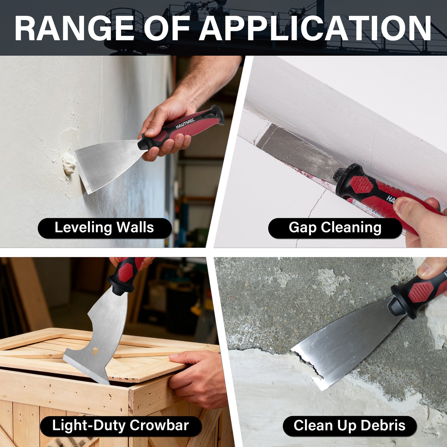 HAUTMEC Putty Knife 4 PC Set, 1.25",2",3" Paint Scraper & 3" 8-in-1 Paint Stripper, Heavy Duty Stainless Steel Blade and Hammer End for Removing Wallpaper, Plaster, Cement HTPSH25060