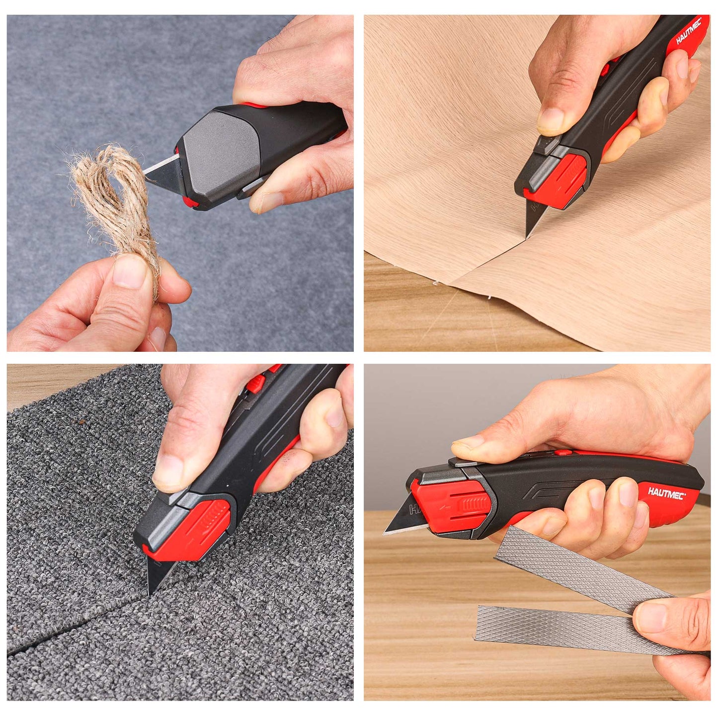 HAUTMEC Safety Self Retractable Utility Knife, Professional Heavy Duty Box Cutter With Extra 3 Black Sk2H Blades, Tool-free Blade Change, Safety Knife for Work HT0414-KN