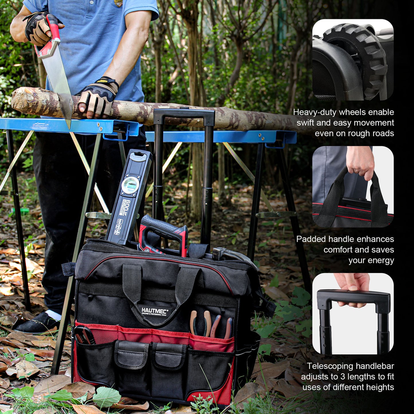 HAUTMEC 3PCS Tool Organizer Set, 18” Waterproof Tool Bag with Wheels,15” Electrician Tool Tote and 12” Wide Mouth Tool Bag 1680D Professional Heavy Duty and Portable Rolling Tool Bag HT0287-TB