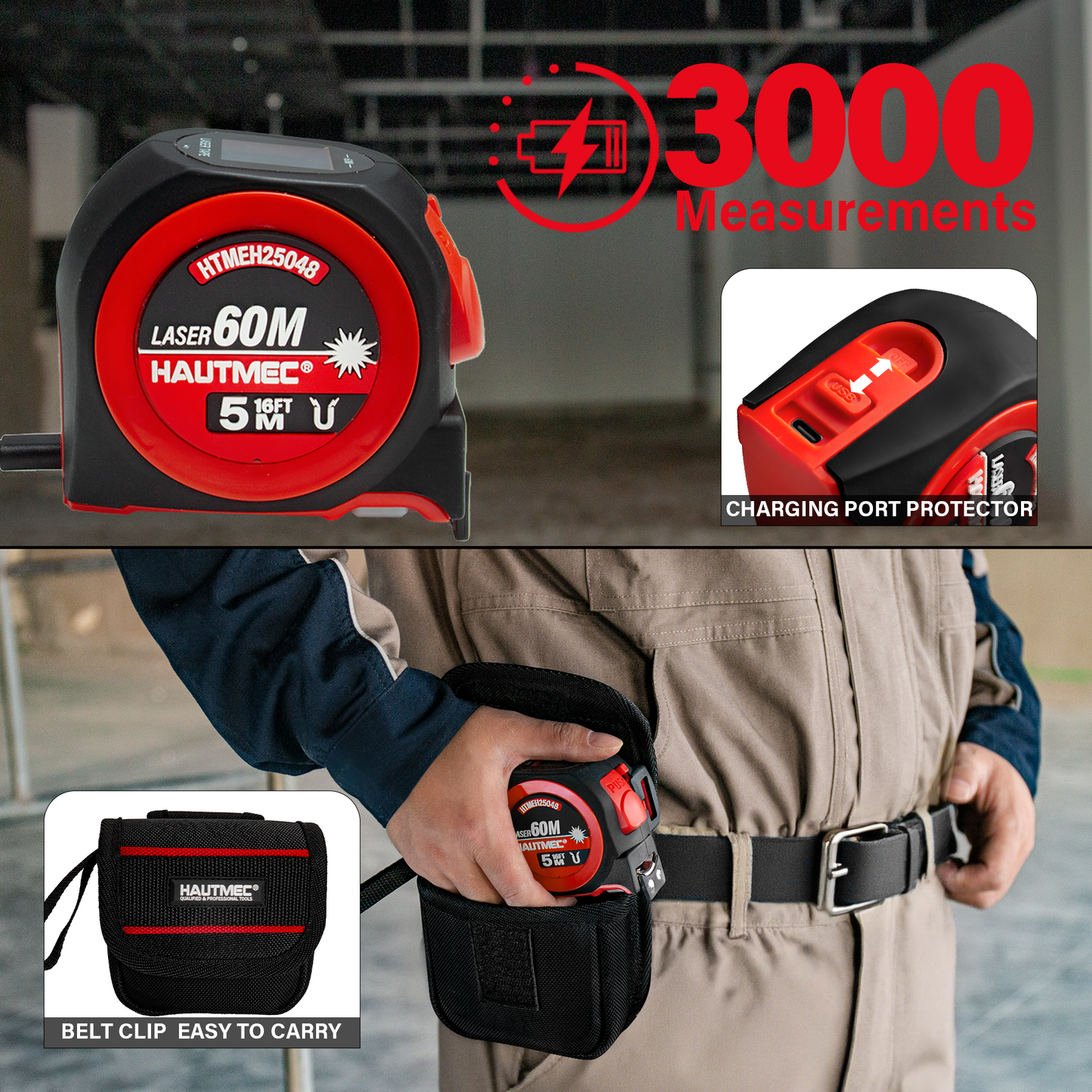 HAUTMEC 2 in 1 Digital Laser Tape Measure, 197ft/60m Digital Measuring Tape & 16ft/5m Auto Lock Tape Measure, Support to Pythagorean, Area, Volume Rechargeable, for Construction 25048