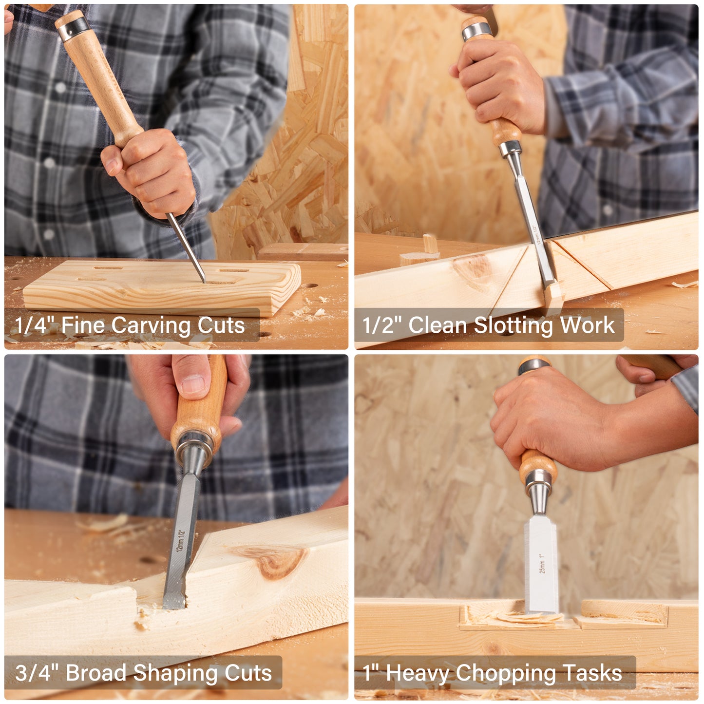 HAUTMEC 4PCS Wood Chisel Set for Woodworking, Carpentry Carving Tool with Bevel Edged Steel Blade, High Impact Handle for Woodcutting Sharpening HT0235-WW