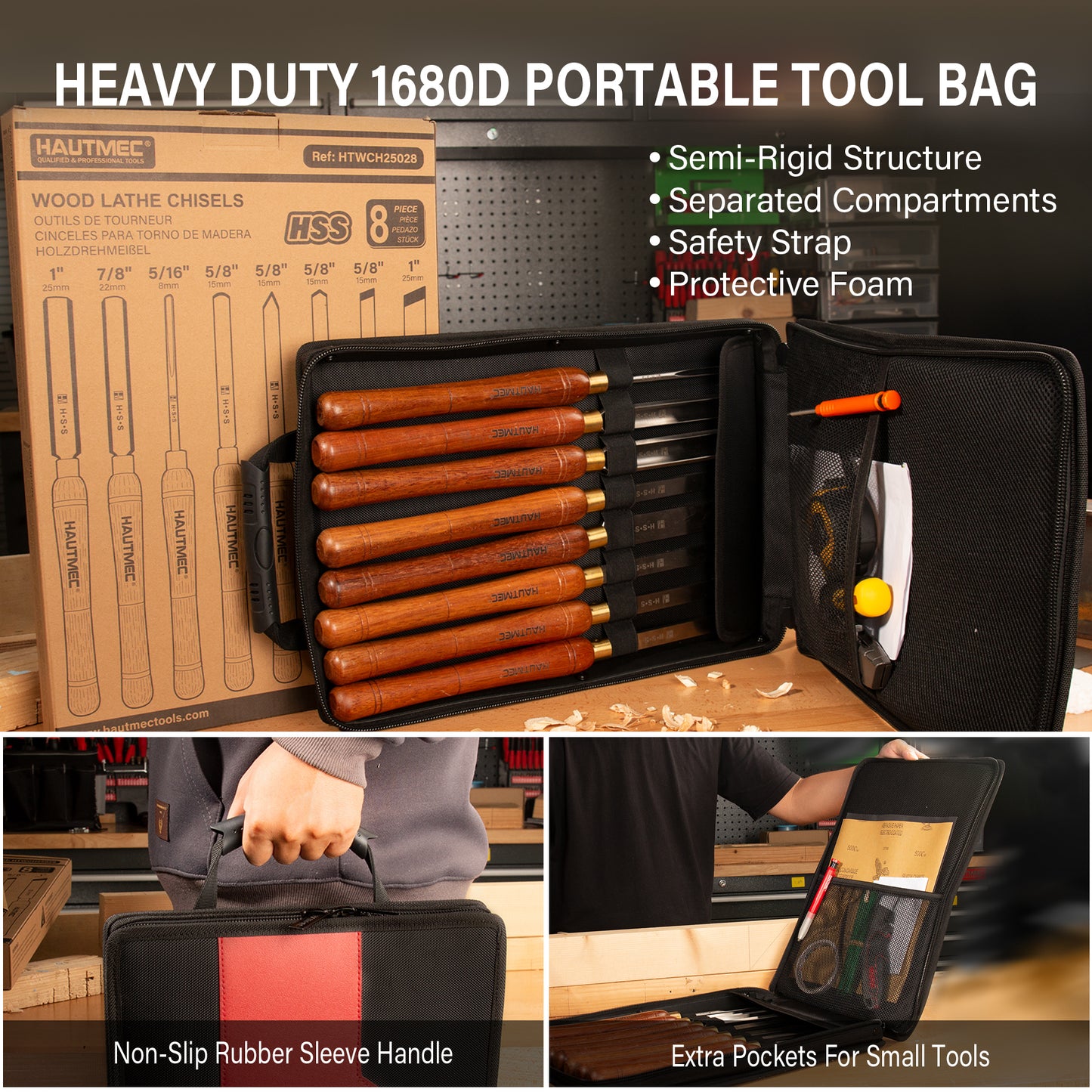 HAUTMEC Professional HSS Wood Turning Chisel Set 8 Pcs, Lathe Chisel Set with 3 Gouge 2 Skew 1 Spear Point 1 Parting 1 Round Nose Tools with 1680D Tool Bag for Professionals and Beginners - HTWCH25028