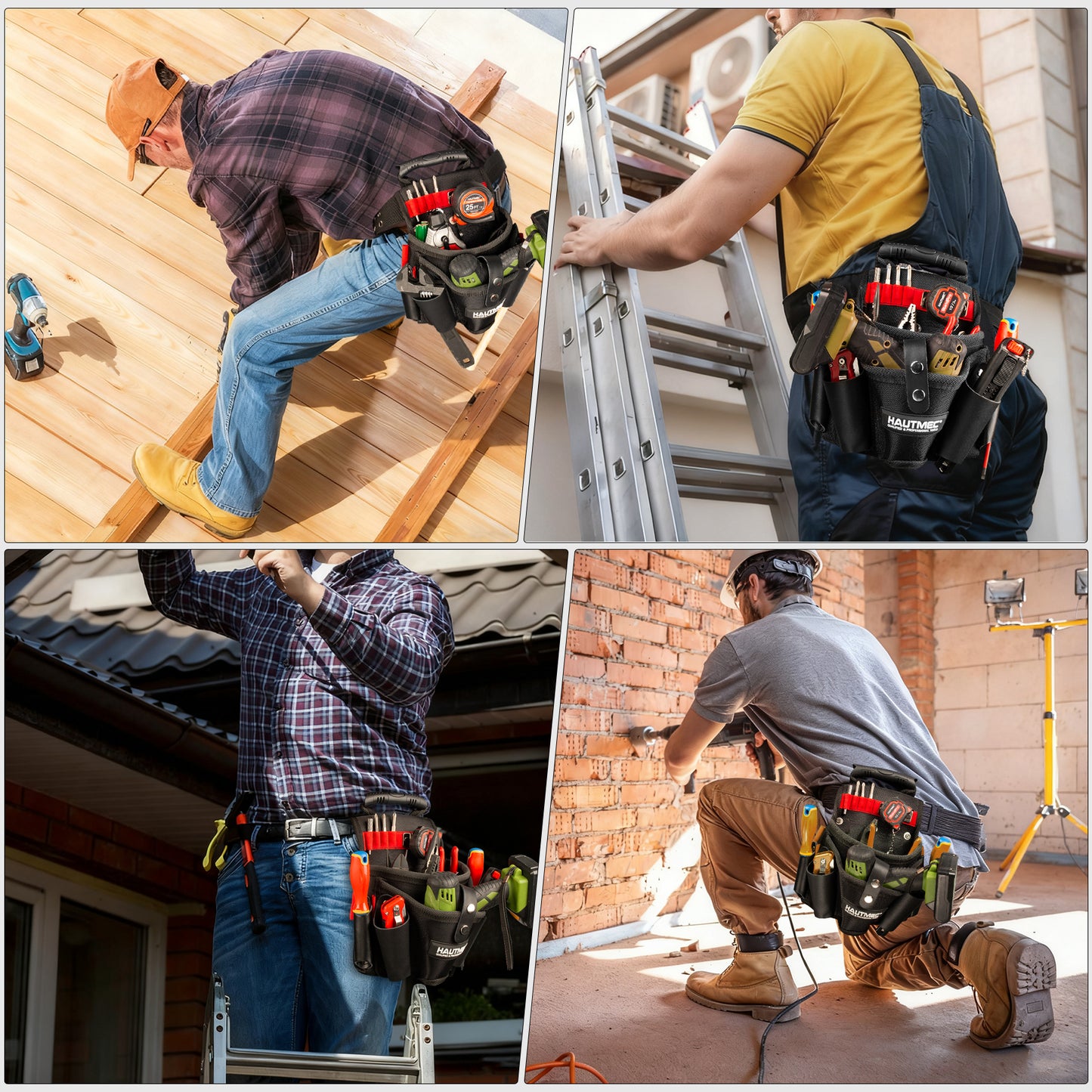 HAUTMEC Heavy-Duty Tool Pouch with Drill Holster, 1680D Tool Bag for Belt with Rubber Handle, 2 Main Compartments, 4 Leather Pockets, 11 Elastic Loops, Tape Measure Holder  – HT0410