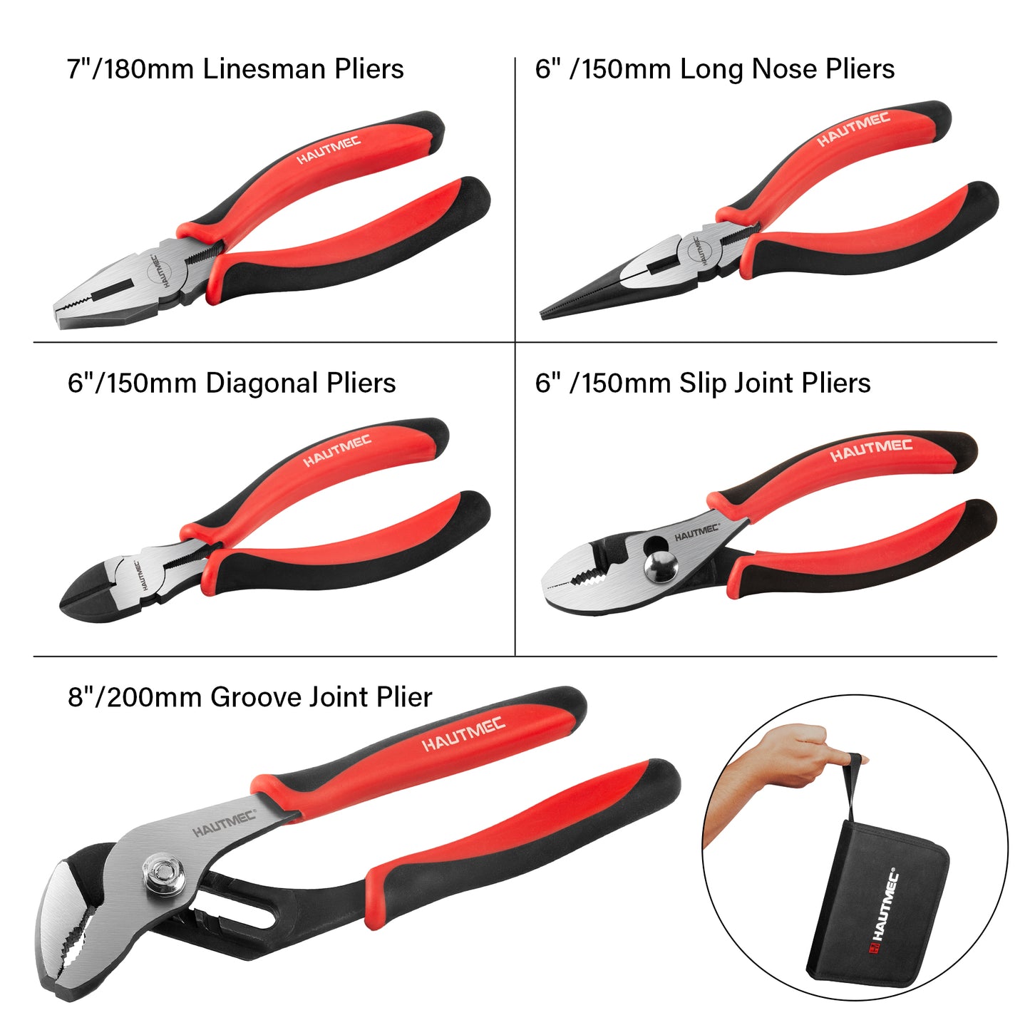 HAUTMEC 5-Piece Bi-Material Pliers Set, Including Slip-joint, Long Nose, Diagonal, Linesman, Groove Joint Pliers, Multi-Purpose for Repair, Home Maintenance, HTPTM25035