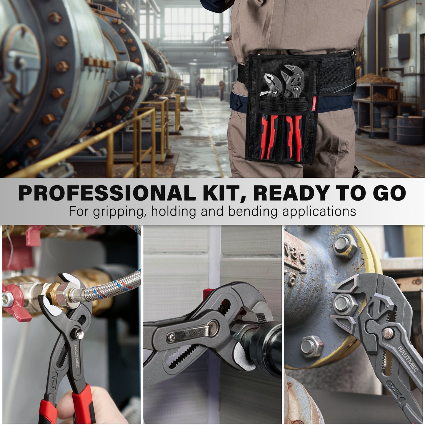 HAUTMEC  2-Piece 10 Inch Adjustable Pliers Wrench & Water Pump Pliers, Parallel Smooth Jaw & V-Jaw, CR-V Steel, Fast Adjustable Tongue and Groove Joint Pliers for Plumbing, Mechanical, Home Repair HTAWH25027