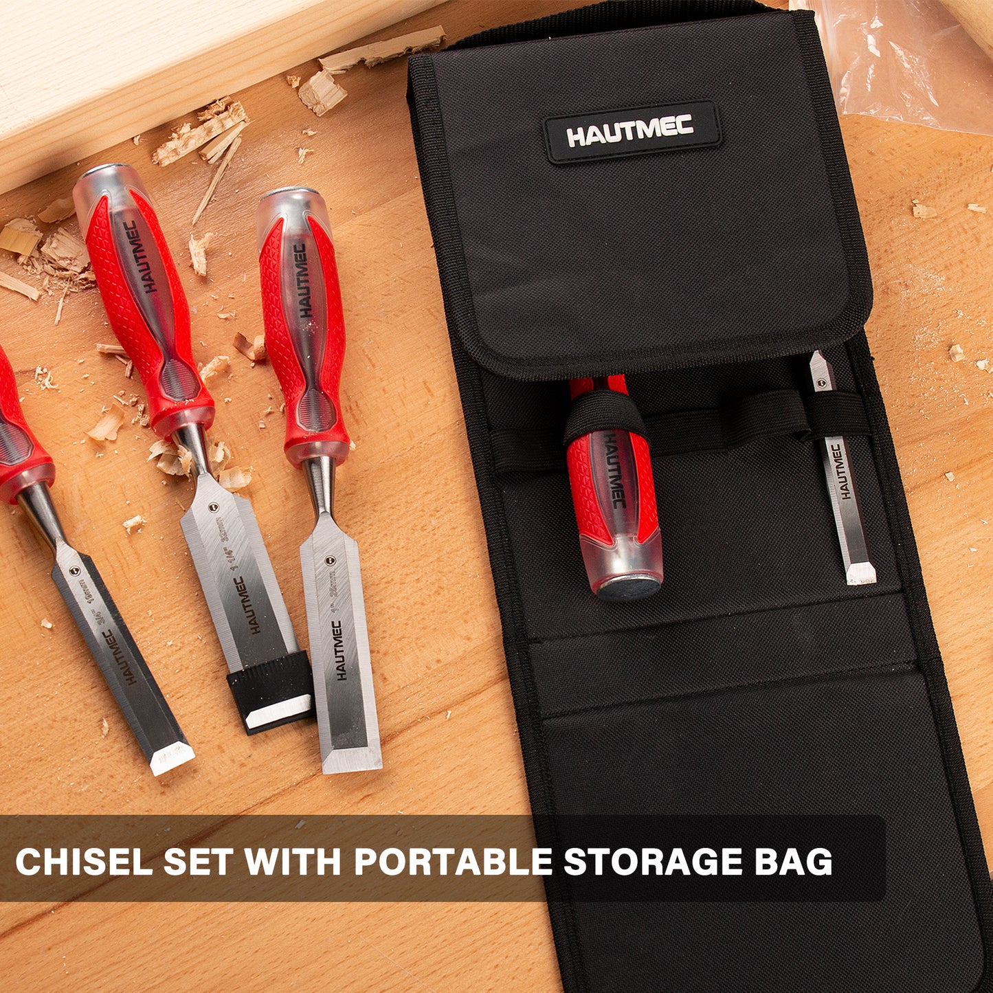 HAUTMEC 5 Piece Wood Chisel Set for Woodworking & Carving. Drop-Forged CR-V Steel Beveled Edge Blades with Ergonomic Non-Slip Handles and Heavy-Duty Strike Caps– HT0365