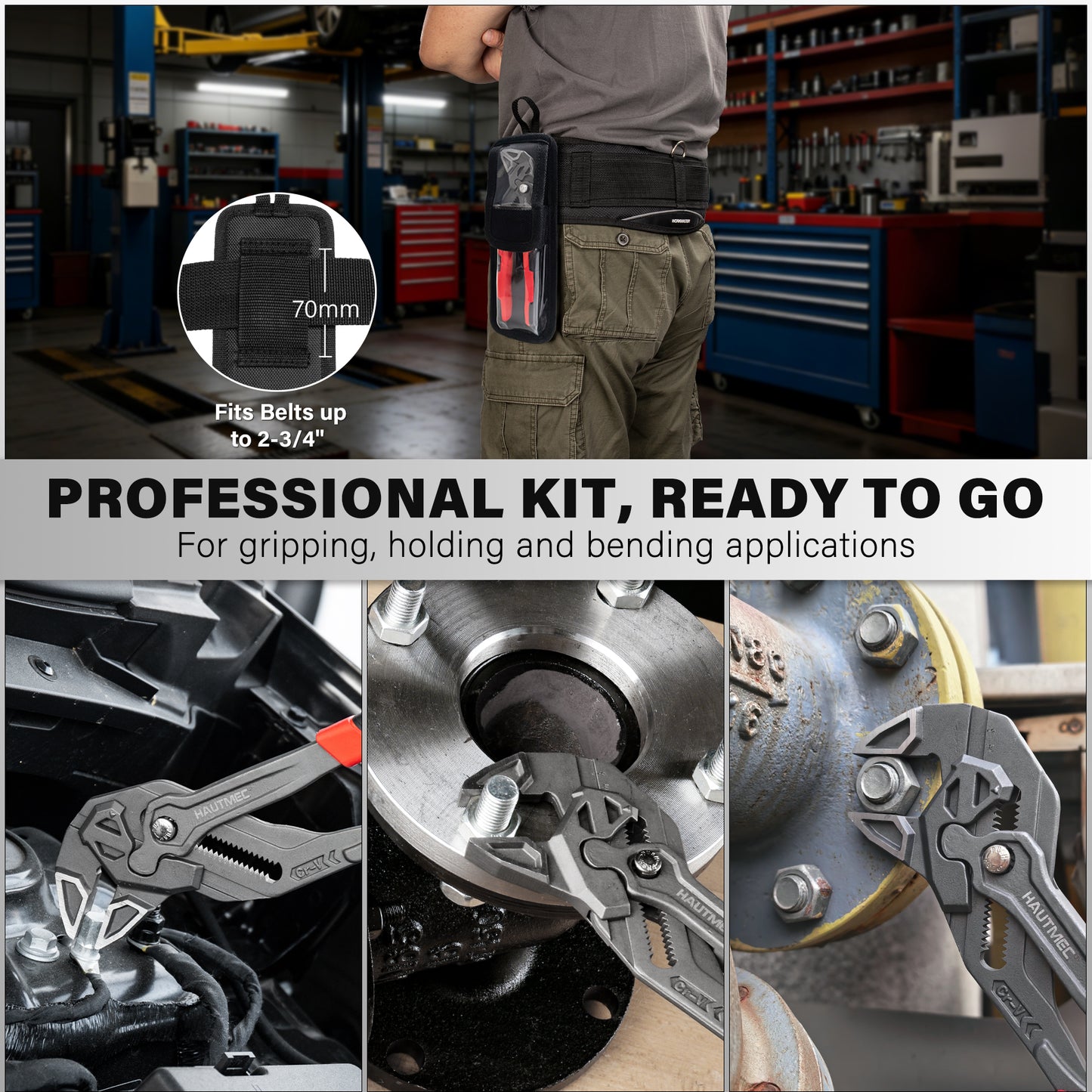 HAUTMEC Adjustable Pliers Wrench, 12-Inch Smooth Jaw Parallel Pliers, Heat-Treated CR-V Steel & Phosphated Rust-Resistant, SAE/Metric Scale, Storage Belt Pouch for Professional Plumbing & DIY HTAWH25025