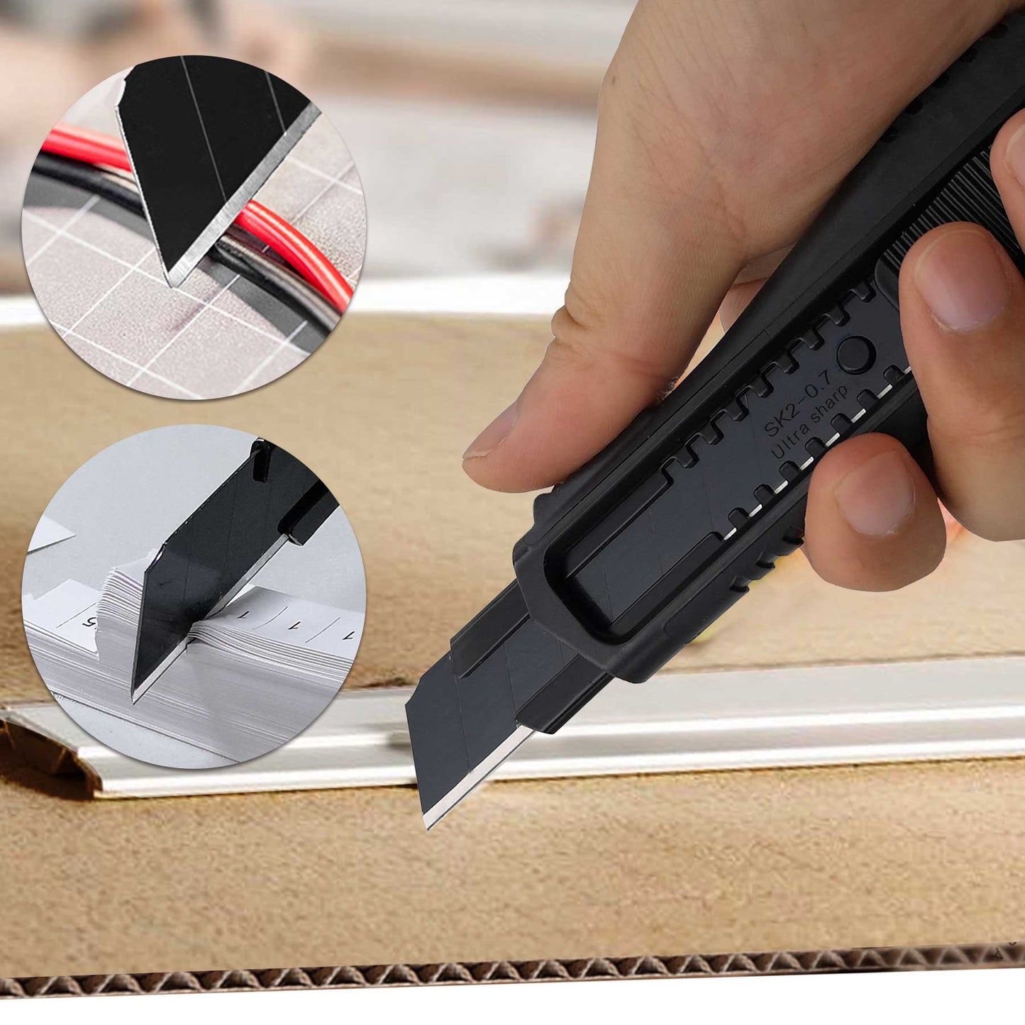 HAUTMEC 20PCS 18mm Triple Cutting-edge Snap Off Blades, Retractable Black Replacement Blades, SK2 Utility Knife Blades, Strengthened Safety Box, for Box, Carpet, Rope HT0083-20PC