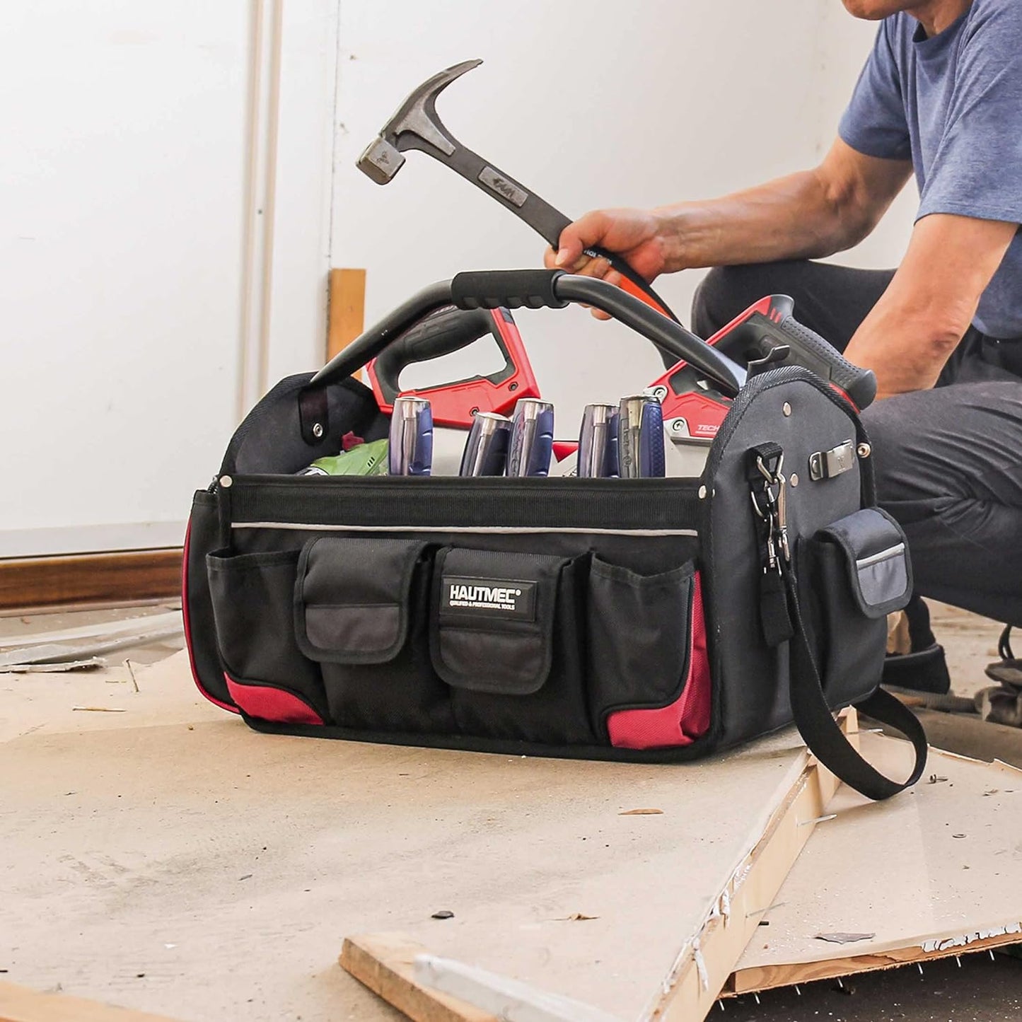 HAUTMEC Open Top Electrician Tool Bag with Rotating Handle, Heavy Duty Multiple 39 1680D Pockets, 18" (47cm) Wide Stiff Frame Tote Bag, Electrical and Maintenance Tote Tool Box HT0178-TB