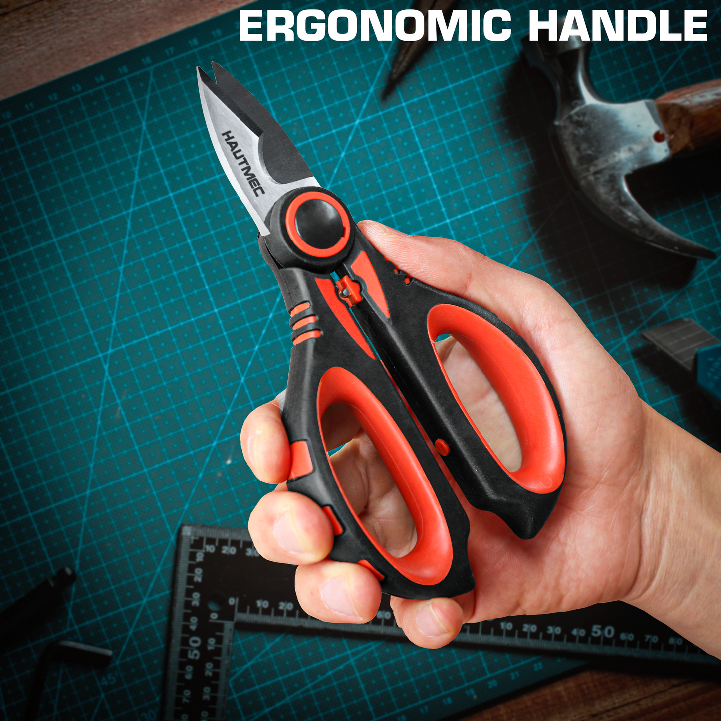 HAUTMEC Electrician Scissor, 6-1/4" Professional Electrician Shears with Stainless Serrated Blade, Cable Shears With Crimp, Notch Blade With Sheath, Comfortable Reinforced Fiberglass Handle,HT0416