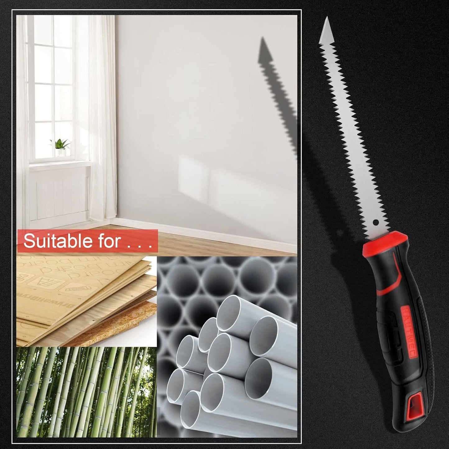HAUTMEC 6-Inch Drywall/JabJab Saw with Soft Grip Handle and Sharp Tip, Double Edge Hand Saw for Wallboard, Drywall, Plywood, Plastic Cutting, Trimming, Gardening and Pruning HT0028-SA