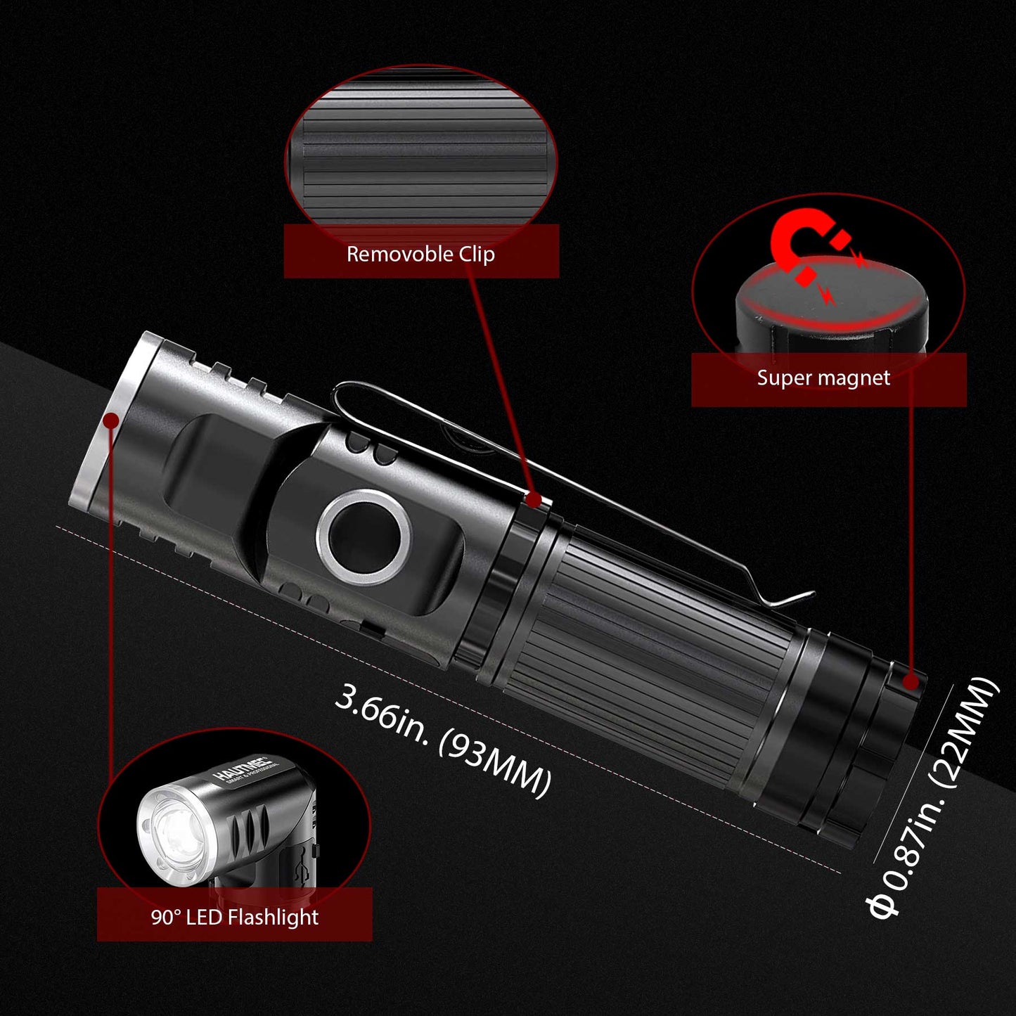 HAUTMEC Rechargeable LED Flashlights 500 High Lumens Super Bright Magnetic Flashlight Waterproof Mini Flashlight 3 Modes Handheld Small Flashlights Powerful for Camping, Outdoor, Hiking, 2 Pack HT0092-WL -2PC
