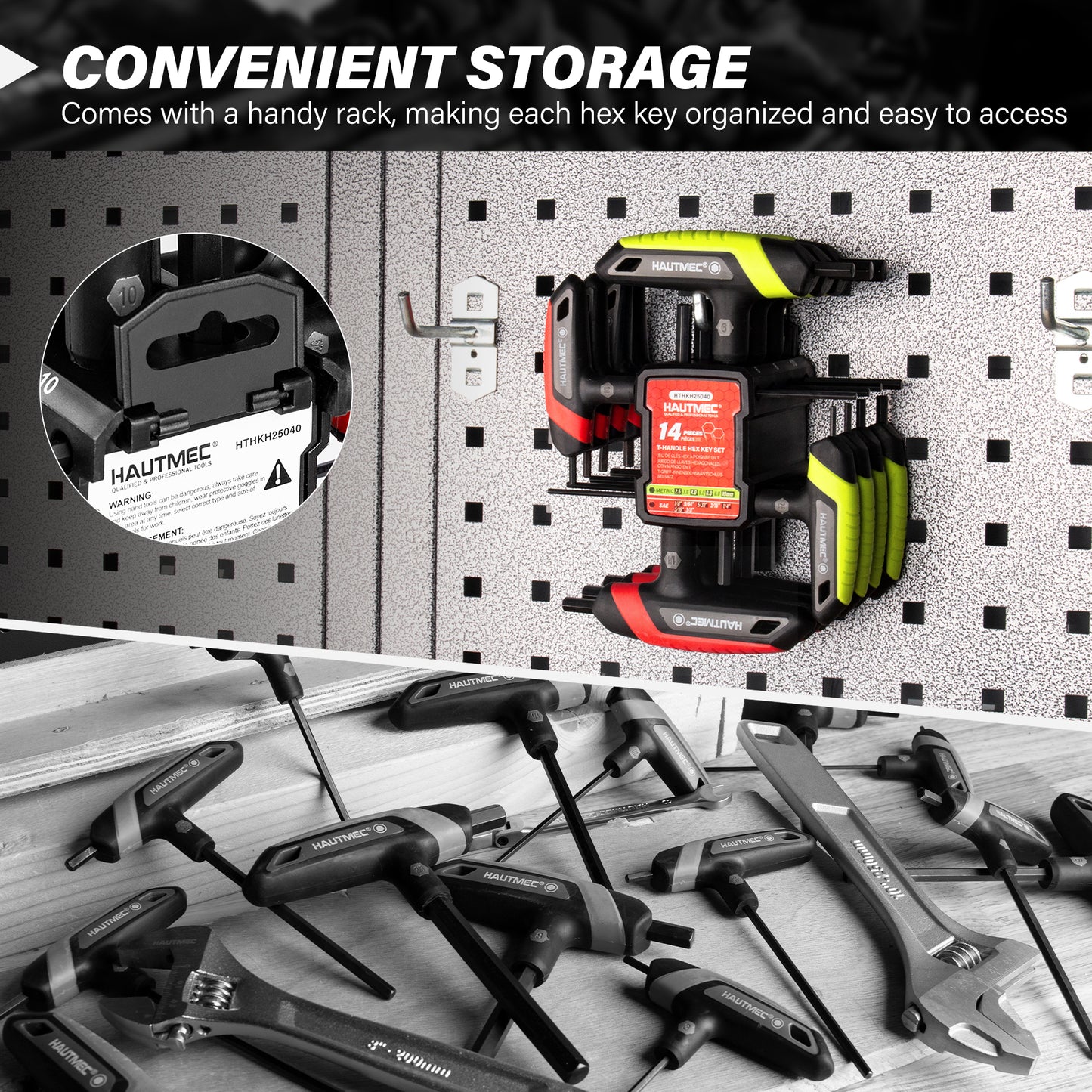 HAUTMEC 14-Piece T-Handle Allen Wrench Set, SAE & Metric T-Handle Hex Key Set, High Torque CR-V Steel Allen Key Set with Storage Rack, for Bike, Motorcycle, Furniture & Auto Repair, HTHKH25040