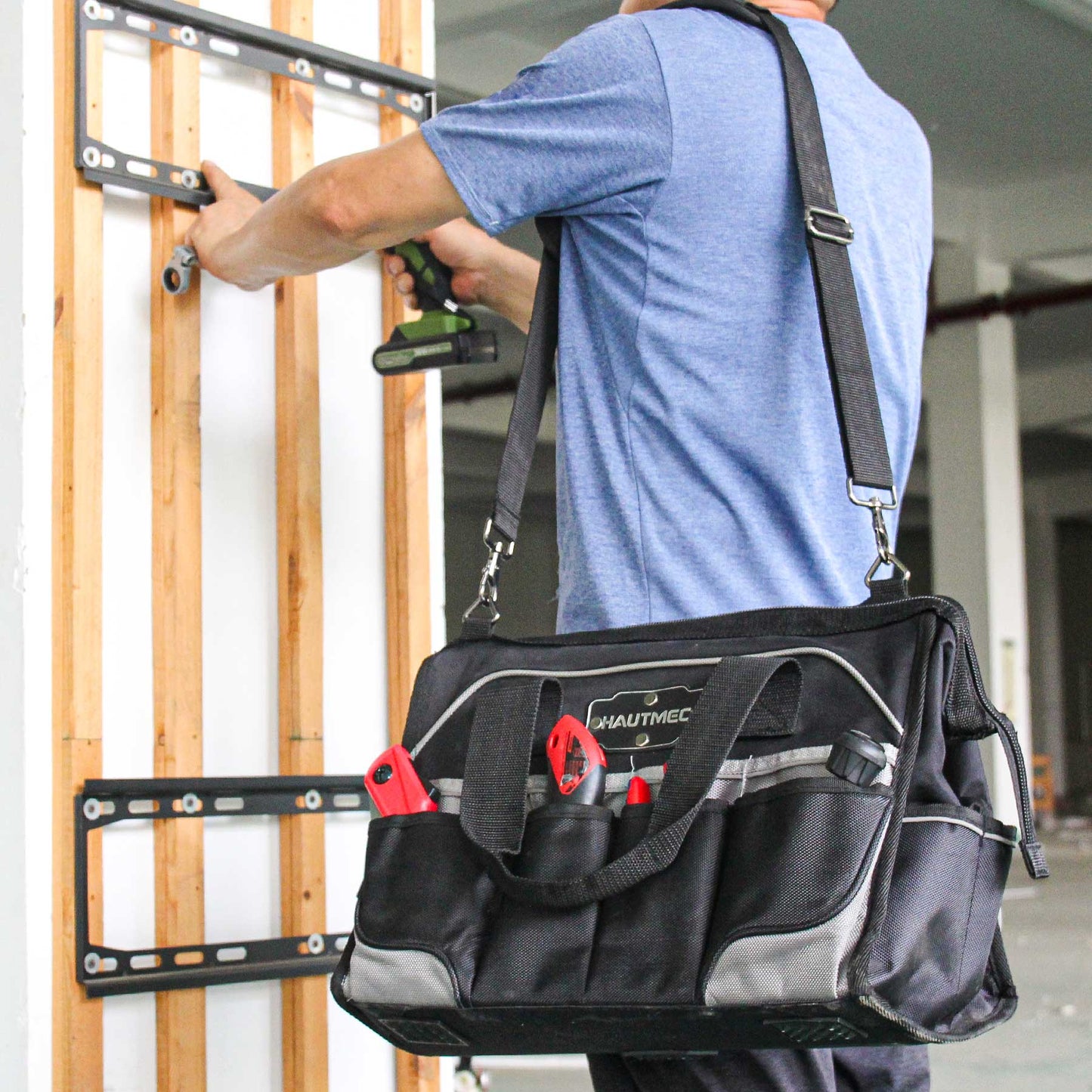 HAUTMEC Pro 16-inch Wide Mouth Tool Bag With 47 Pockets, Water-safe and Strengthened Base, Safety Reflective Straps for Tool Organization And Storage HT0183-TB