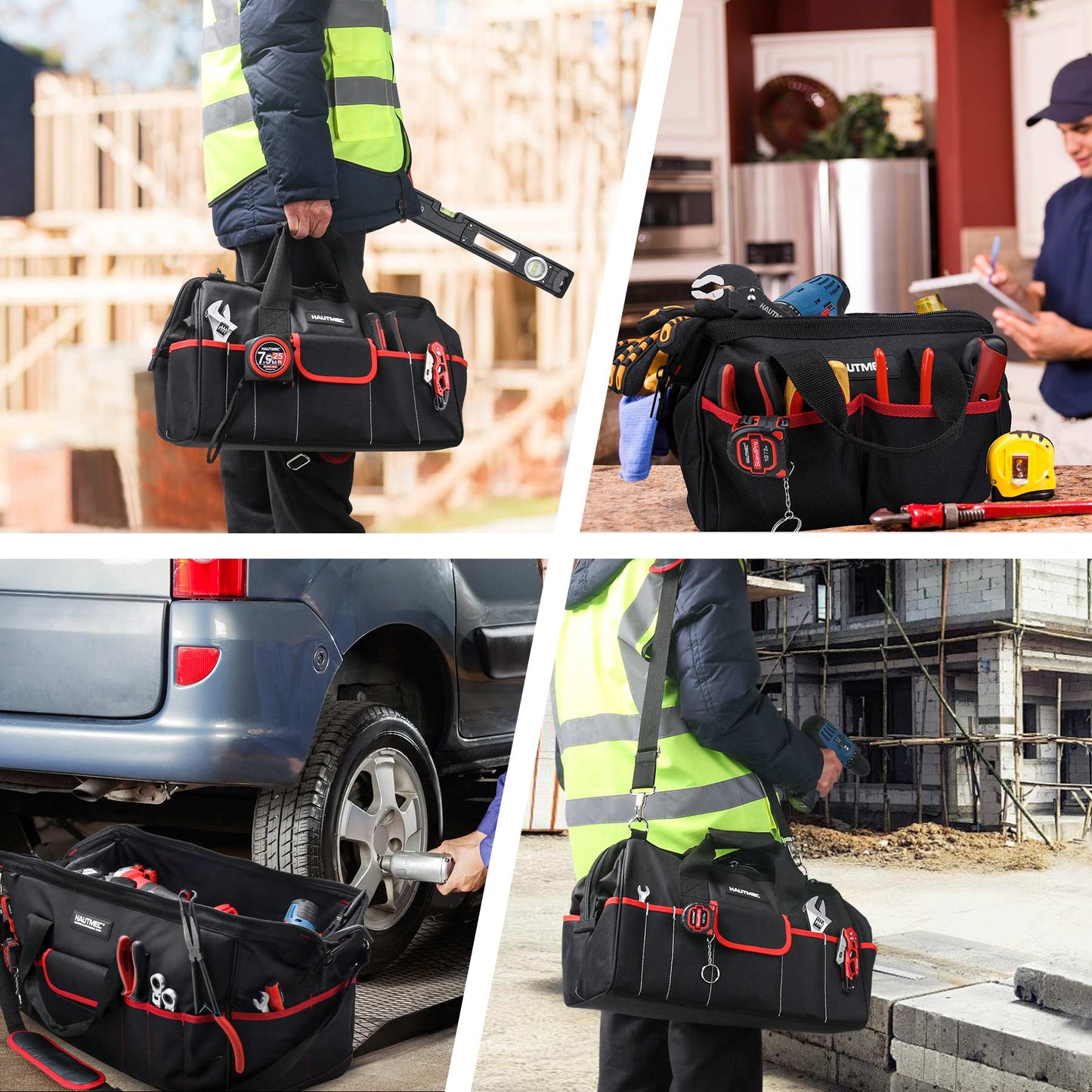 HAUTMEC 3PCS Wide Mouth Tool Bags Set, Heavy Duty Tool Bag with Large Capacity and Waterproof Base,12-inch Small Tool Bag,18-inch Medium Toolbag,24-inch Large Tool Storage Bag for Construction HT0297