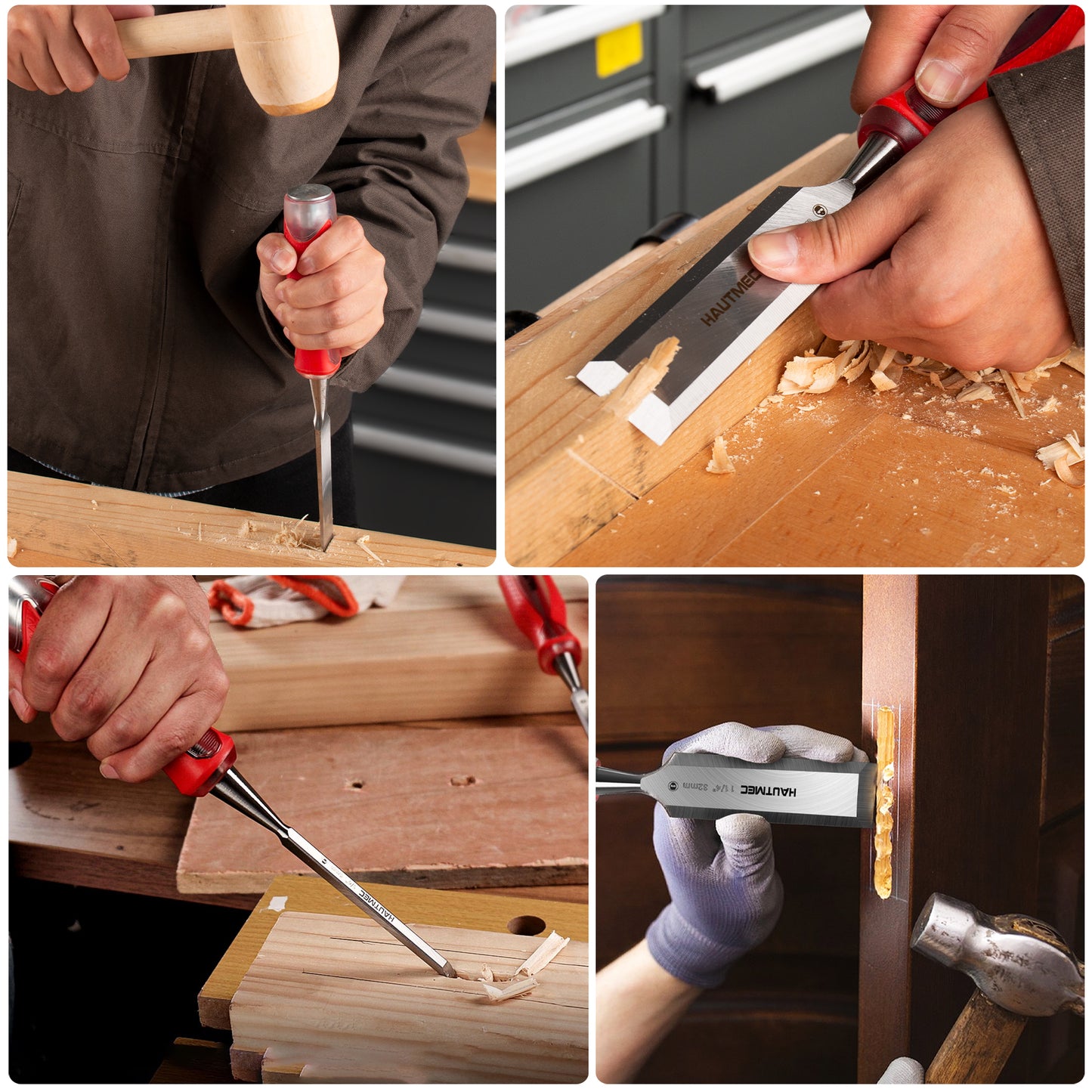 HAUTMEC 5 Piece Wood Chisel Set for Woodworking & Carving. Drop-Forged CR-V Steel Beveled Edge Blades with Ergonomic Non-Slip Handles and Heavy-Duty Strike Caps– HT0365