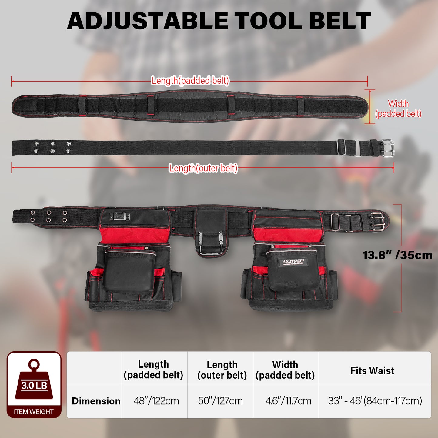 HAUTMEC Professional Tool Belt with Suspenders, 19 Pockets, Heavy-Duty 1680D Work Belt with Adjustable Padded Waist & Shoulder Support, Phone Pouch, Hammer & Tape Holder – HT0400