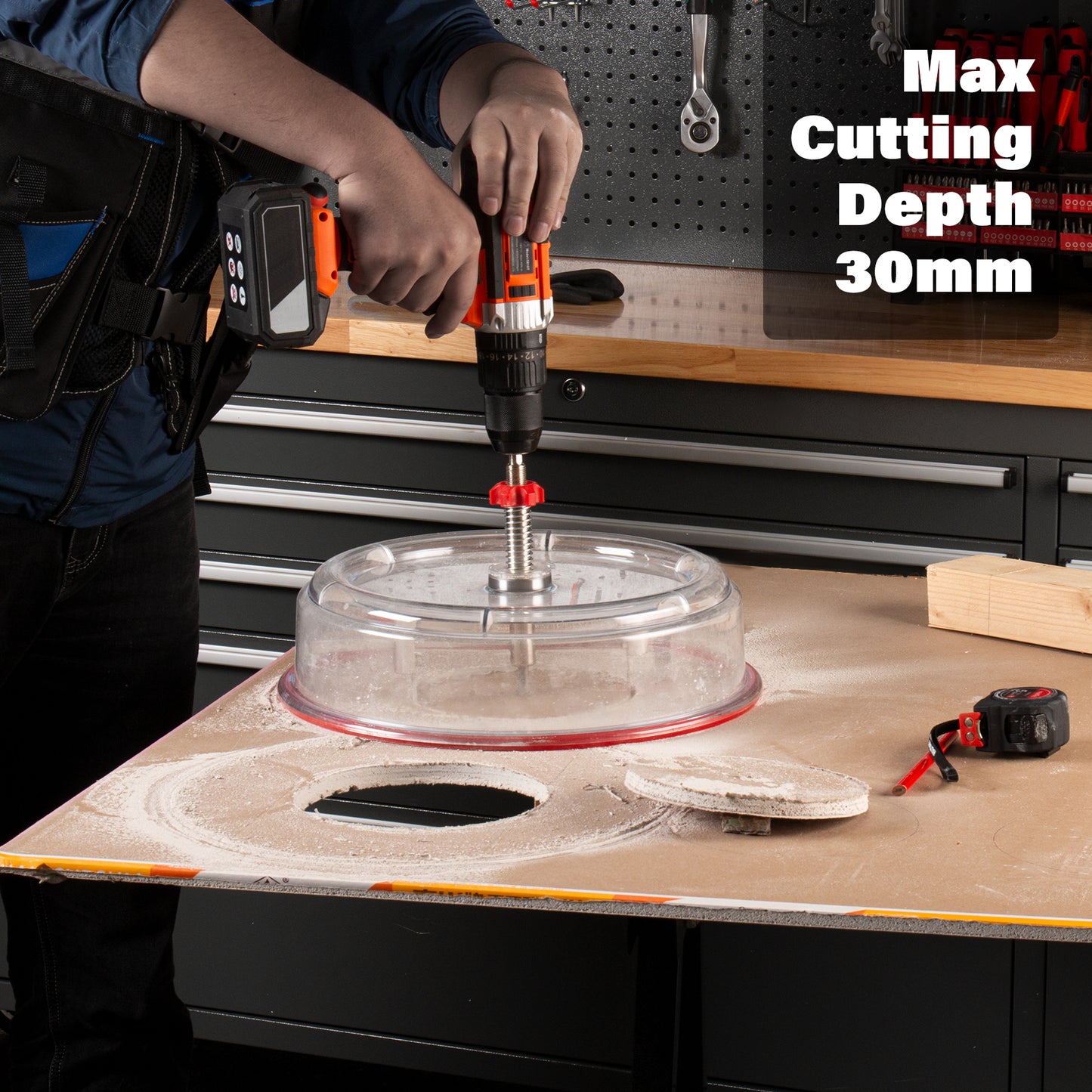 HAUTMEC Adjustable Hole Saw Cutter Kit, 1.6"–11.8"(40–300mm) Large Size, Heavy-Duty Bi-Metal Hole Cutter with PC Dust Shield, Adjustable Arbor & Pilot Bit for Wood, Plastic, Drywall – HTHOH25014