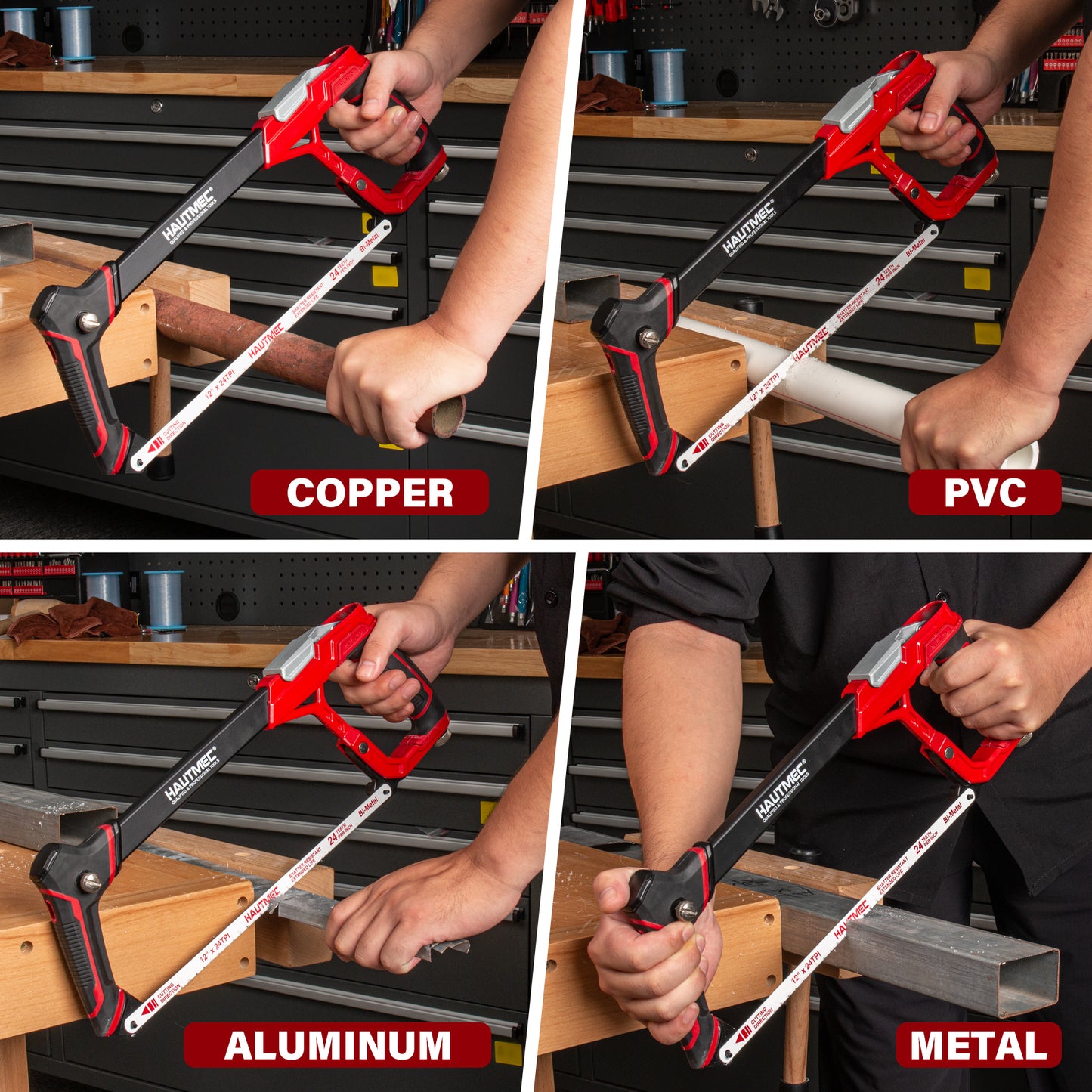 HAUTMEC 12" Fast Tension Hacksaw with Extra 5 HSS Blades, Heavy-Duty Aluminum Frame, Quick-Change Tension, Blade Storage, Pro Hack Saw with Dual Cutting Angles for Metal, PVC, Wood - HTHSH25034