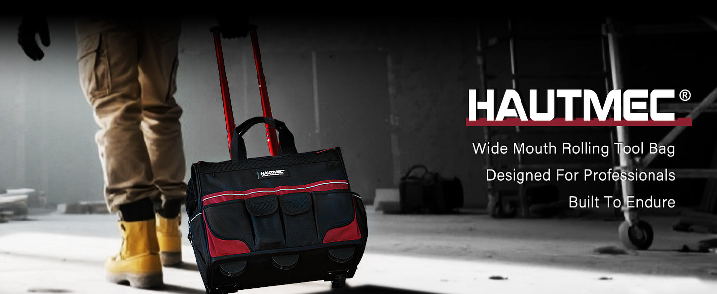 HAUTMEC 18" Rolling Tool Bag with Wheels, 23-Pocket Portable Tool Box Organizer with 600D Water-Resistant Fabric, Wide-Mouth Design, Oversized Wheels & Telescoping Handle -HTTBM25004