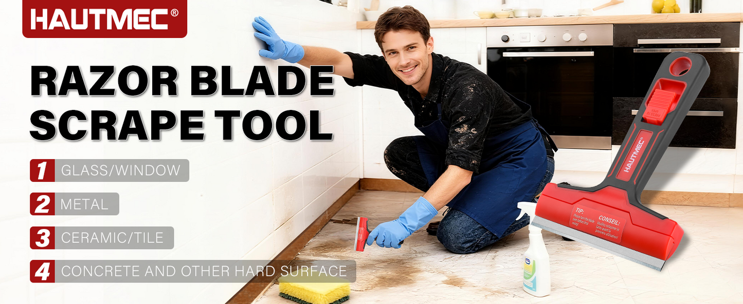 HAUTMEC Razor Blade Scraper Tool, 4" Wider Scraper Tool with 20 Extra Carbon Steel Blades, Razor Scraper for glass scraper, Adhesive, Label, Sticker from Window, Glass, Tile, Floor, Stove HTPBM25033