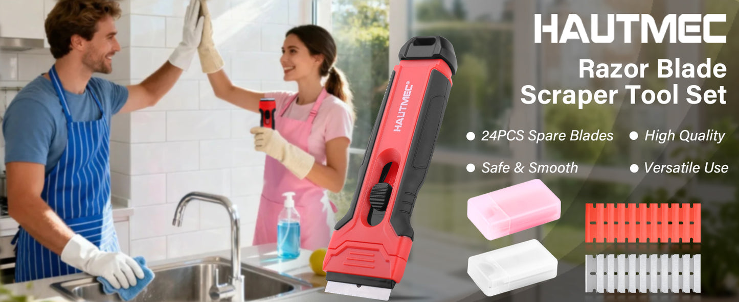 HAUTMEC Razor Blade Scraper Tool With 24Pcs Extra Blades, 10 Plastic Rozor Blades, 14 Carbon Steel Razor Blades, Removing Decals, Stickers, Labels for Glass, Tile, Window, Car, Cooktops HTPBM25031