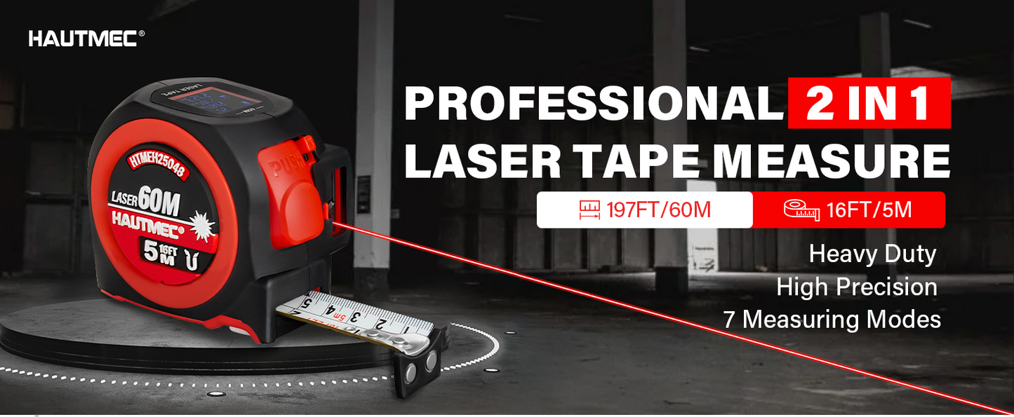 HAUTMEC 2 in 1 Digital Laser Tape Measure, 197ft/60m Digital Measuring Tape & 16ft/5m Auto Lock Tape Measure, Support to Pythagorean, Area, Volume Rechargeable, for Construction 25048