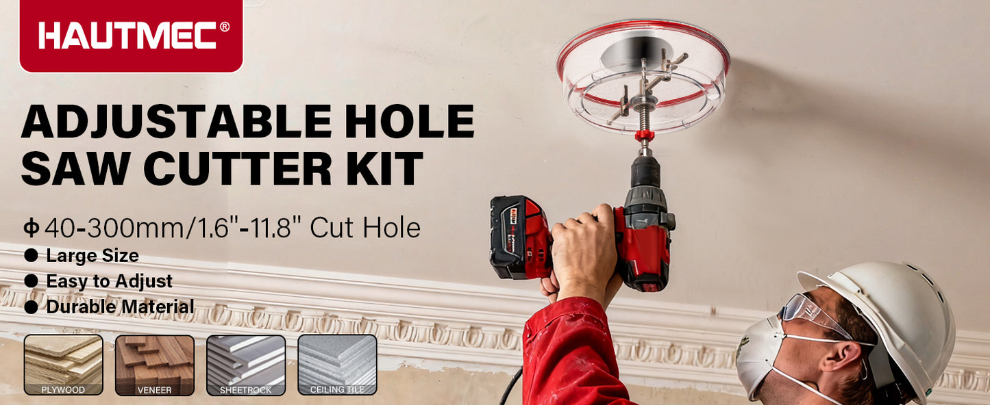 HAUTMEC Adjustable Hole Saw Cutter Kit, 1.6"–11.8"(40–300mm) Large Size, Heavy-Duty Bi-Metal Hole Cutter with PC Dust Shield, Adjustable Arbor & Pilot Bit for Wood, Plastic, Drywall – HTHOH25014
