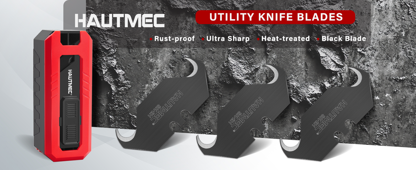 HAUTMEC Utility Knife Hook Blades, 10-Pack SK2H Steel Razor Blades with Innovative Safety Dispenser, Standard Size Replacement Blade for Heavy-duty Material Cutting – HTUBH25010