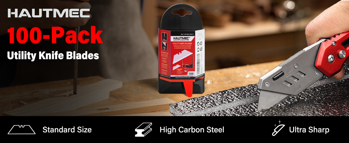 HAUTMEC 100 Pack Utility Knife Blades, Standard Box Cutter Blades with Innovative Safty Dispenser, Premium Carbon Steel Utility Blade Replacement, for Box, Carpet, Rope - HTUBL25011