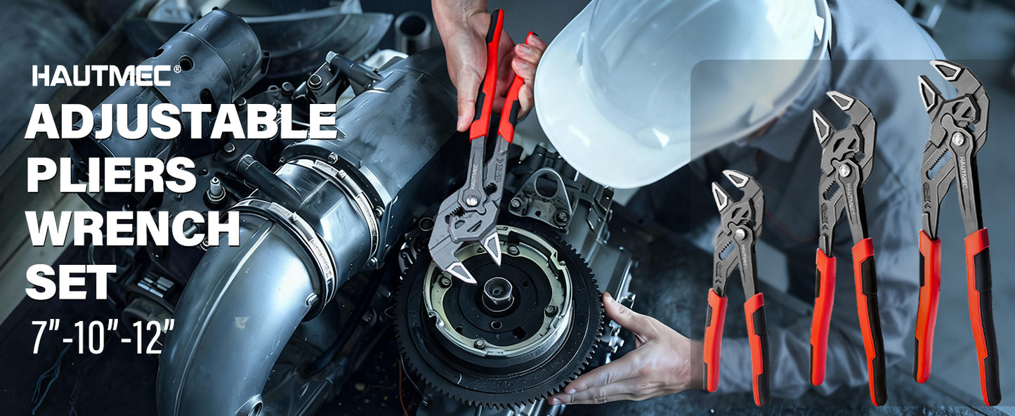 HAUTMEC 3PCS Adjustable Pliers Wrench Sets (7 10 12"), Smooth Jaw Parallel Pliers, Heat-Treated CR-V Steel & Phosphated Rust-Resistant, SAE/Metric Scale, Storage Belt Pouch for Professional & DIY HTAWH25026