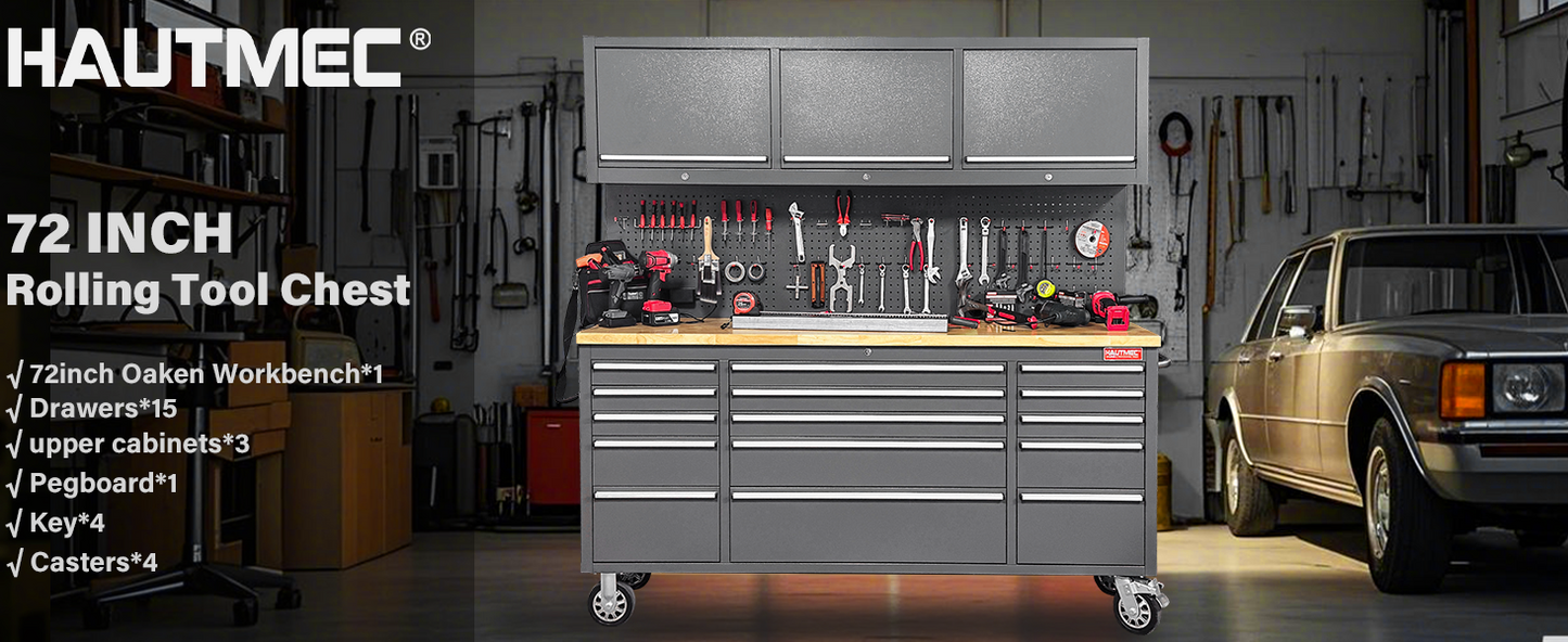 HAUTMEC 72-Inch Rolling Tool Chest with 51 PCS Pegboard Hooks & ETL-Certified Power Strip, Mobile Garage Workbench with 15 Drawers, 3 Upper Cabinets, Pegboard & Heavy-Duty Oak Work Surface HT0428-TC