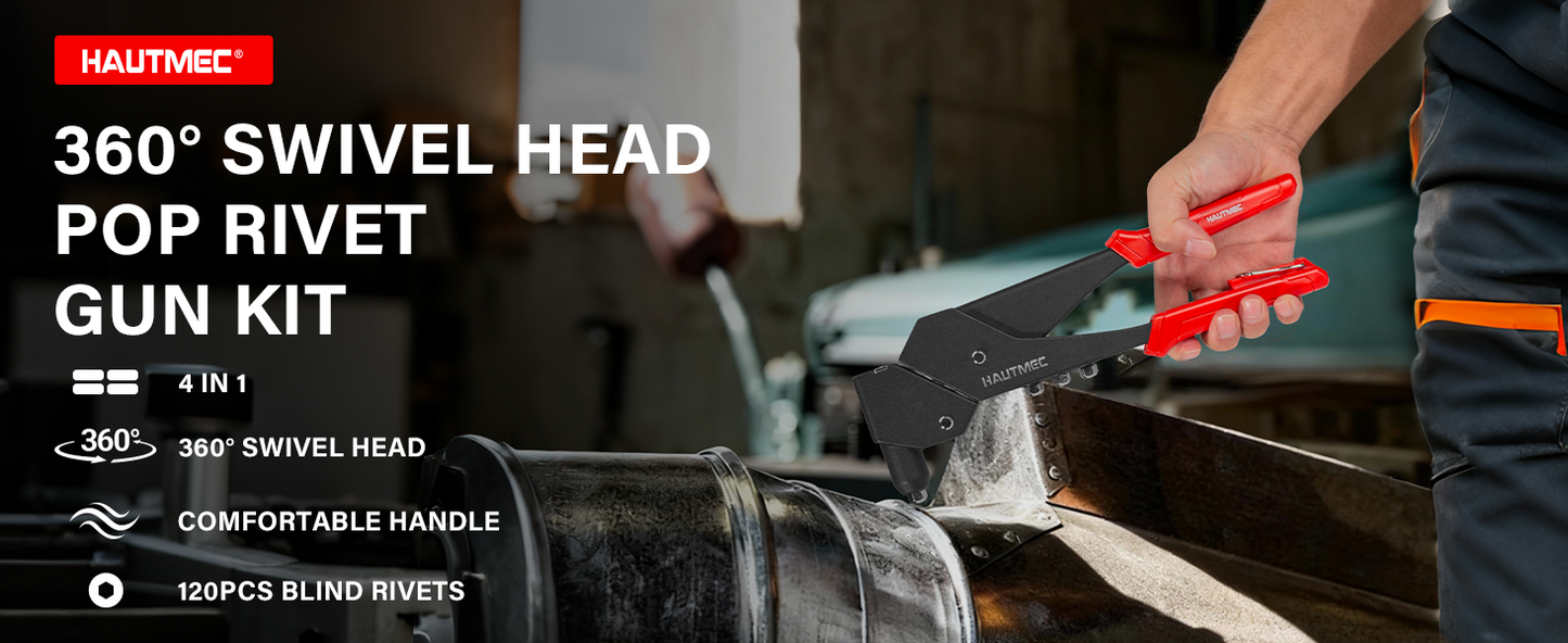 HAUTMEC 360° Swivel Head Rivet Gun with 120 Rivets 3/32"(2.4mm) 1/8"(3.2mm) 5/32"(4.0mm) 3/16"(4.8mm) and 4 Manual Interchangeable Rivet Heads HTRTM25062