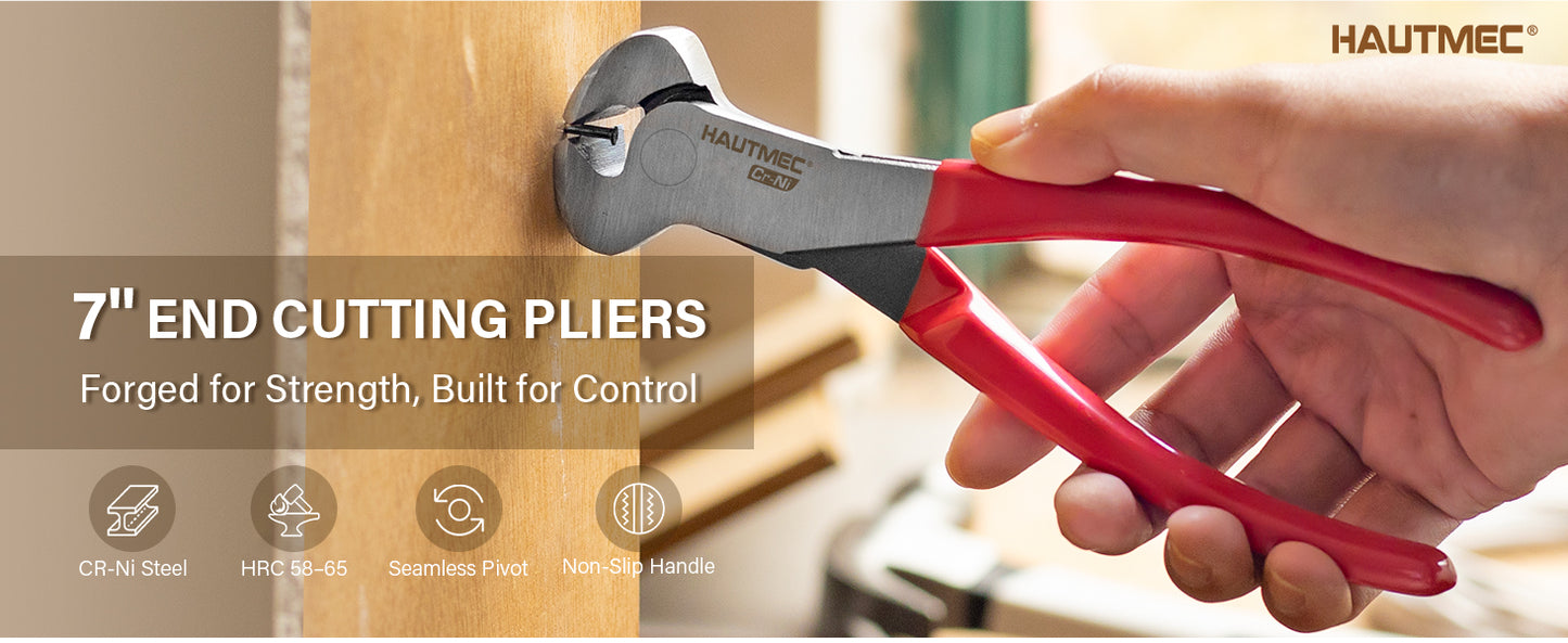 HAUTMEC 7 Inch Nail Puller Pliers Tool, CR-Ni Steel End Cutting Pliers with Non-Slip Grip, Nail Remover Tool with Polished Finish, End Cutting Nippers Tool for Pulling Nails and Wires HT0158-CP