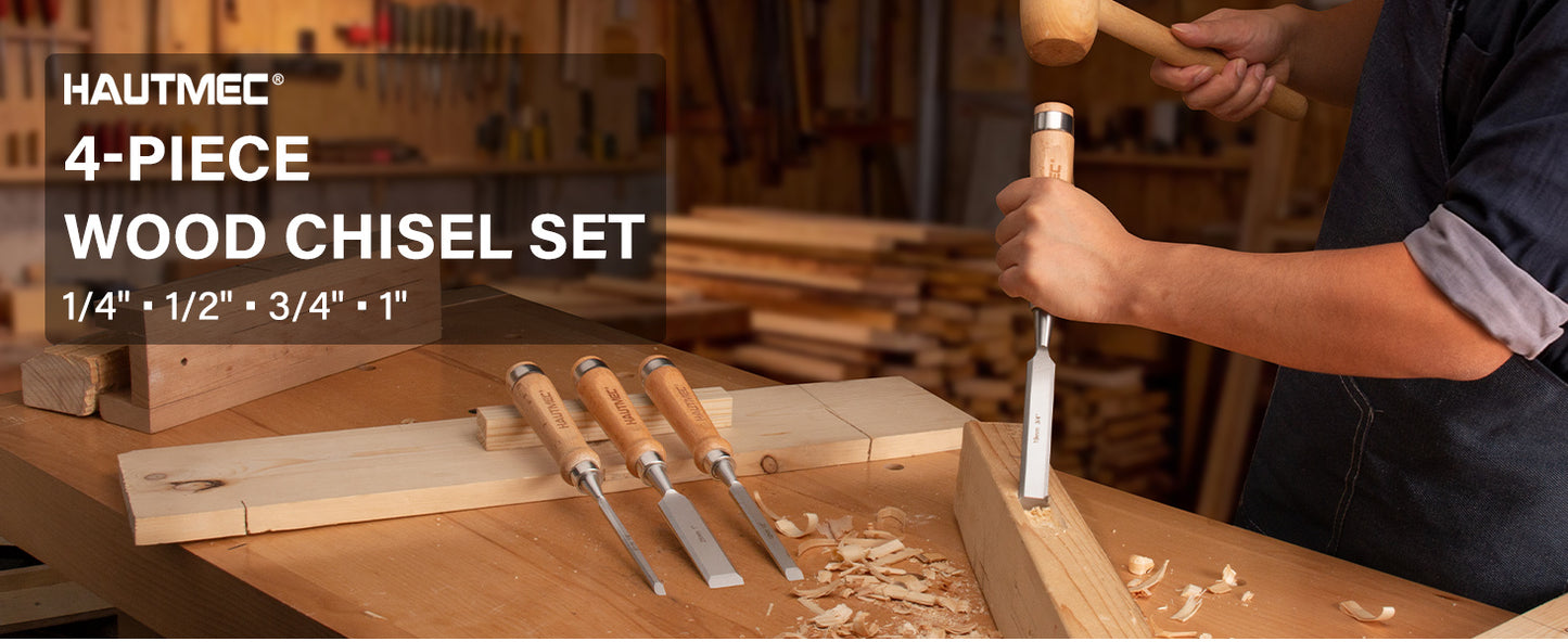 HAUTMEC 4PCS Wood Chisel Set for Woodworking, Carpentry Carving Tool with Bevel Edged Steel Blade, High Impact Handle for Woodcutting Sharpening HT0235-WW