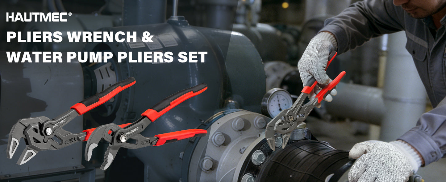 HAUTMEC  2-Piece 10 Inch Adjustable Pliers Wrench & Water Pump Pliers, Parallel Smooth Jaw & V-Jaw, CR-V Steel, Fast Adjustable Tongue and Groove Joint Pliers for Plumbing, Mechanical, Home Repair HTAWH25027