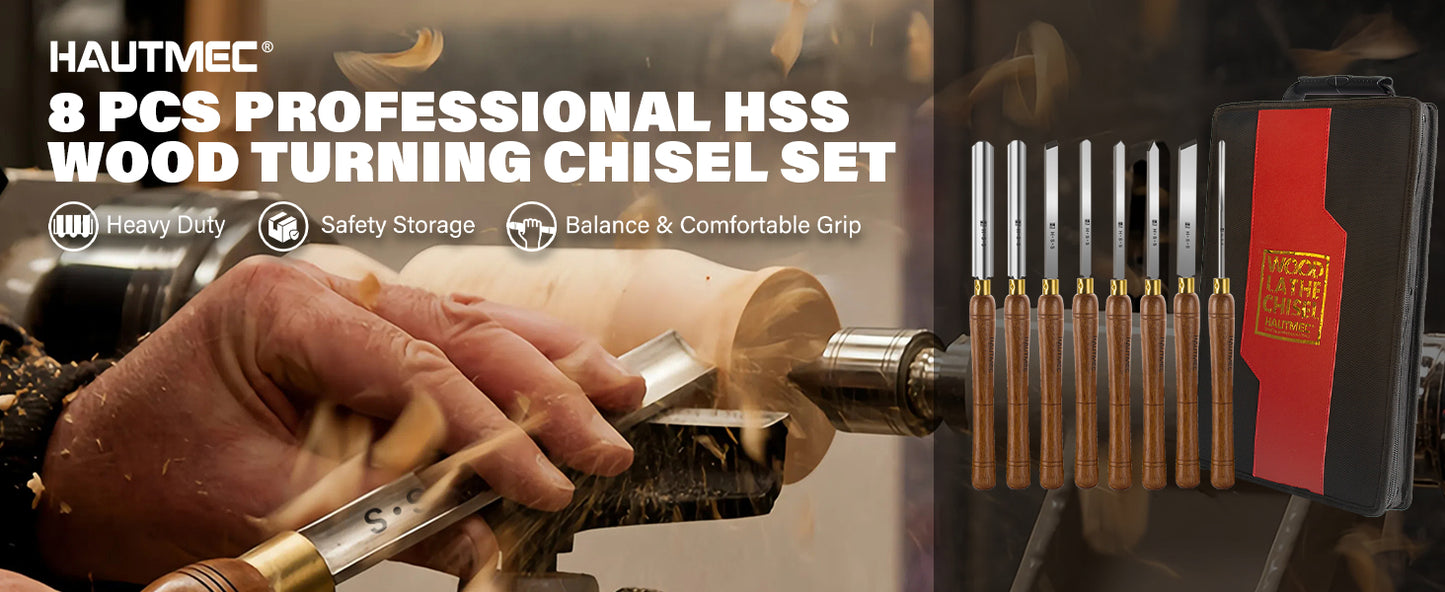 HAUTMEC Professional HSS Wood Turning Chisel Set 8 Pcs, Lathe Chisel Set with 3 Gouge 2 Skew 1 Spear Point 1 Parting 1 Round Nose Tools with 1680D Tool Bag for Professionals and Beginners - HTWCH25028