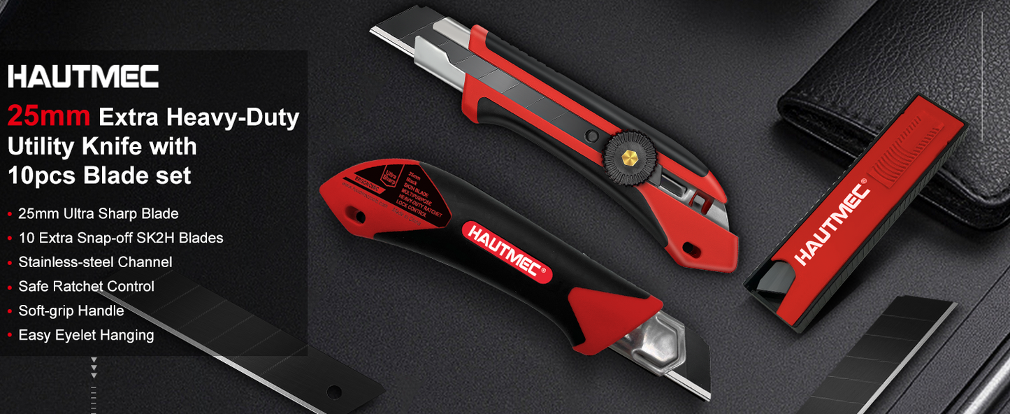 HAUTMEC 25mm Extra Heavy-Duty Utility Knife with 10pcs Blade set, Multi-Purpose Snap-off Box Cutter, Ratchet-lock Mechanism, Reinforced Fiberglass Handle HT0251-KN
