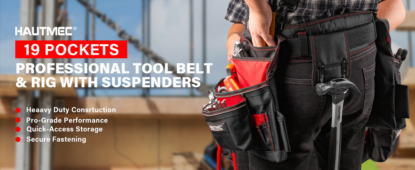 HAUTMEC Professional Tool Belt with Suspenders, 19 Pockets, Heavy-Duty 1680D Work Belt with Adjustable Padded Waist & Shoulder Support, Phone Pouch, Hammer & Tape Holder – HT0400