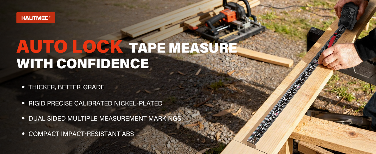 HAUTMEC Tape Measure 16ft/5m Dual Scale Metric Measuring Tape, Auto-Lock with Nylon Coated Blade & Rubber Case, for Construction, Woodworking, DIY HT0100