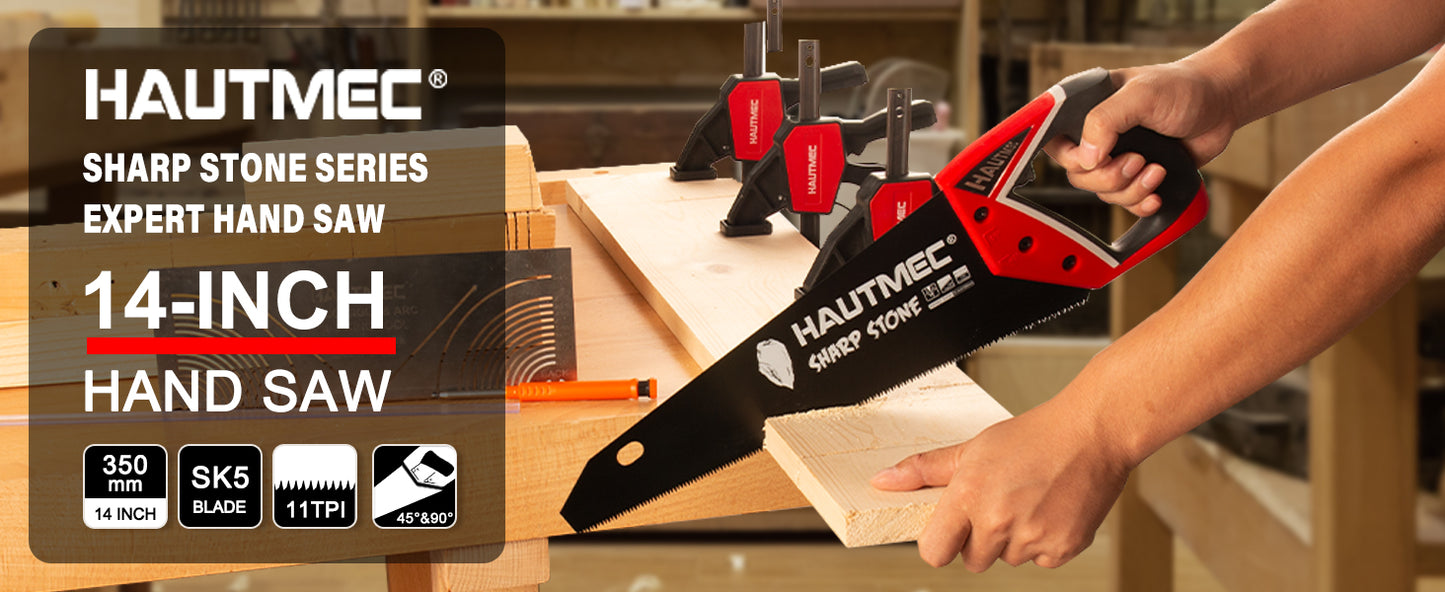HAUTMEC 14" Expert Hand Saw for Accurate, Clean & Labor-Saving Cutting, 11 TPI Fine-Cut Handsaw with SK5 Rust-Resistant Blade, Triple Ground Teeth, Ergonomic Non-Slip Handle for Wood, PVC – HT0301