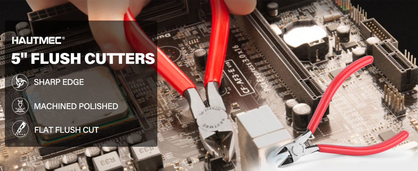 HAUTMEC 5" Precise Small Flush Cutting of Engineer Wire Cutter Plier 2PCS with Location Pin for Fine Shearing, Perfect for Circuit Board Cutting, Electronic Components, HT0327-2PC