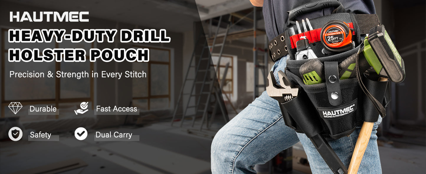 HAUTMEC Heavy-Duty Tool Pouch with Drill Holster, 1680D Tool Bag for Belt with Rubber Handle, 2 Main Compartments, 4 Leather Pockets, 11 Elastic Loops, Tape Measure Holder  – HT0410