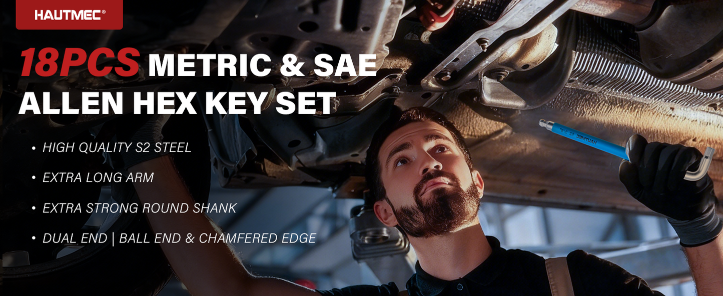 HAUTMEC Allen Wrenches Sets with Ball End(SAE & Metric), 18PCS Extra Long Arm Hex Key Set,  Heavy-Duty S2 Steel Pro Allen Key Set, 1/16" to 3/8" and 1.5-10mm, Color Coded Sleeve with Belt Loop Pouch HTHKP25053