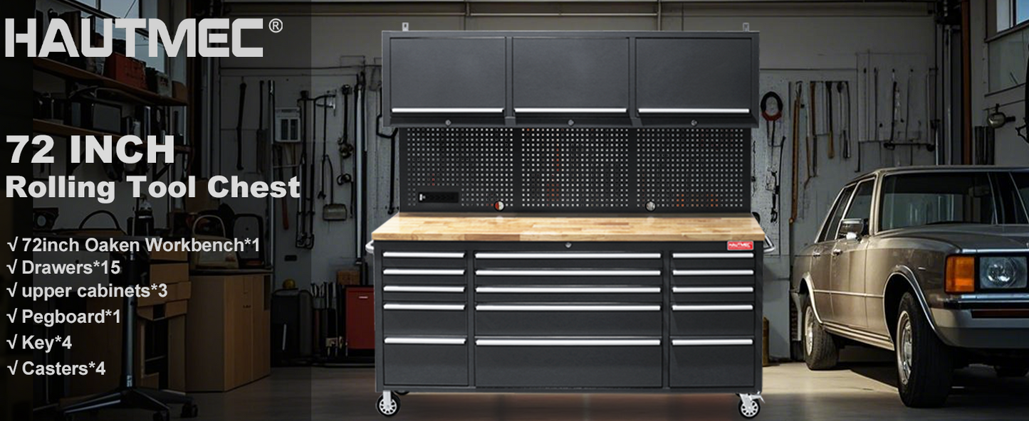 HAUTMEC 72-Inch Rolling Tool Chest，Mobile Garage Workbench，Tool Box on Wheels, Tool Cabinet with 15 Drawers, 3 Upper Cabinets, Pegboard, ETL-Certified Power Strip & Heavy-Duty Oak Work Surface