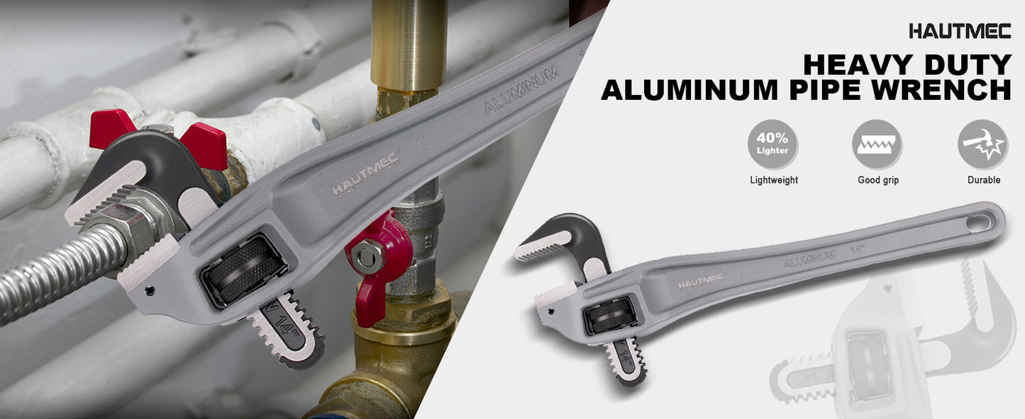 HAUTMEC 14 Inch Aluminum Offset Pipe Wrench, Heavy Duty Adjustable Plumbing Wrench, 2" Jaw Capacity, 40% Lighter Drop Forged Construction, for Use in Tight Spaces HT0189