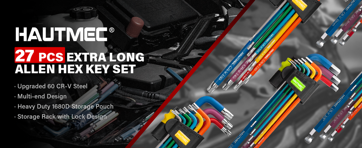 HAUTMEC 27PCS Long Allen Wrenches Sets with Ball End, SAE Metric Torx Allen Key Set with T-Handle Hex Key, 60CR-V Steel, Color Coded & Storage Bag,  SAE(1/16" to 3/8″),Metric(1.5-10mm),Torx (T10-T50) HTHKM25051