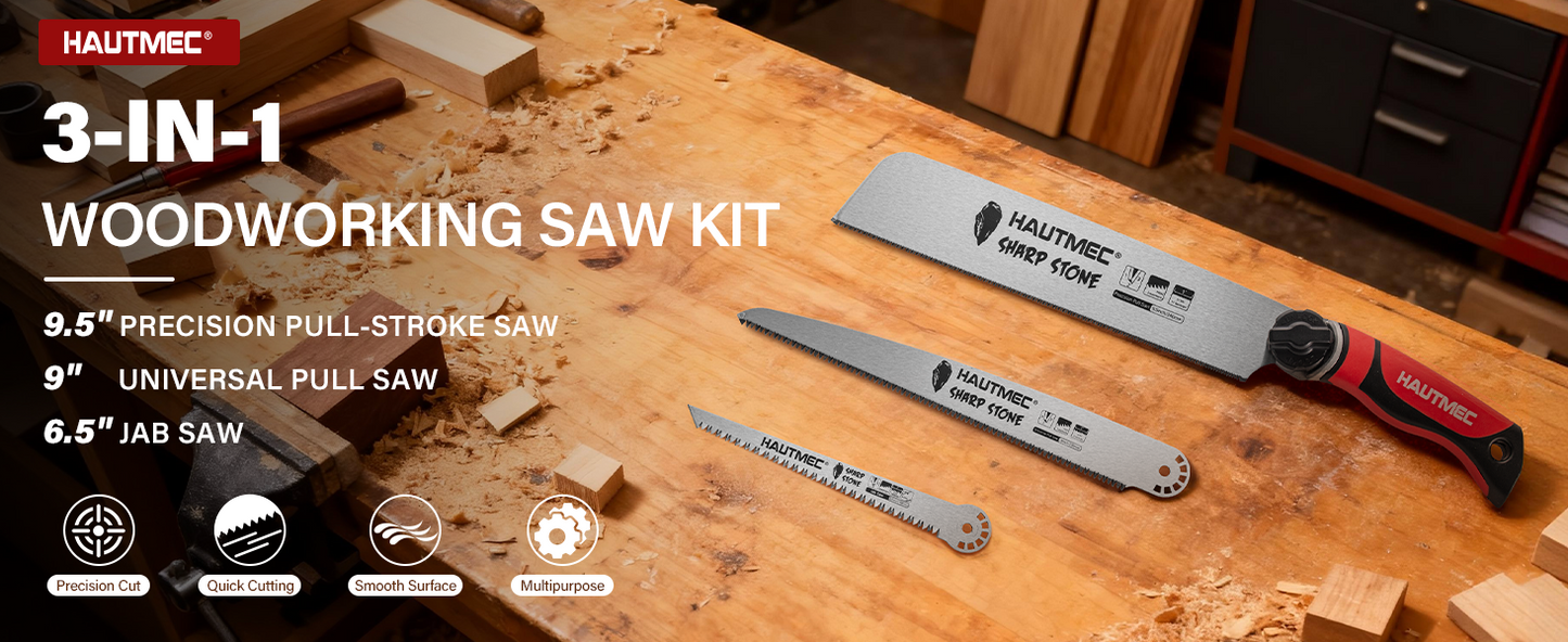 HAUTMEC 3-In-1 Japanese Pull Saw, Replaceable Blade Handsaw with 4-Angle Cutting, Pro Woodworking Cutting Tool (9.5-Inch 17TPI Fine-Cut, 9-Inch 9TPI Quick Cut, 6.5-Inch 6TPI Jab Saw) – HTHDM25050